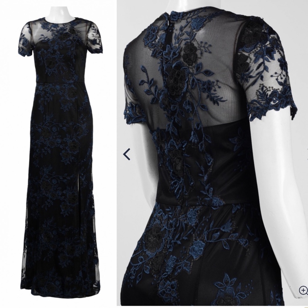 David Meister embroidered 3-D lace short sleeves long gown - Picture 3 of 13